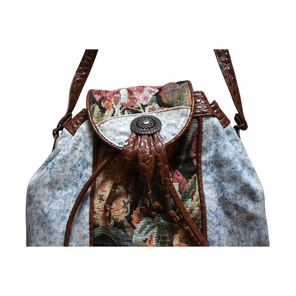 Vintage 80s Mallrat Academia Acid Washed Denim Floral Tapestry Tote Bag Purse - Picture 3 of 10